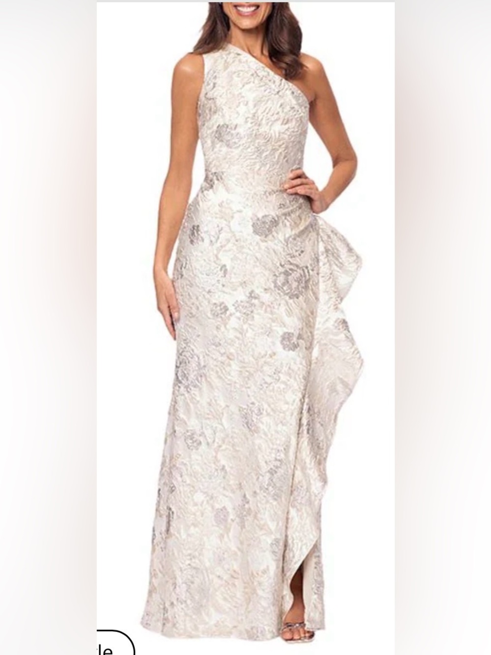 Xscape One-Shoulder Metallic Floral Evening Gown Champagne Gold. Size 14P. NWT - Picture 2 of 15